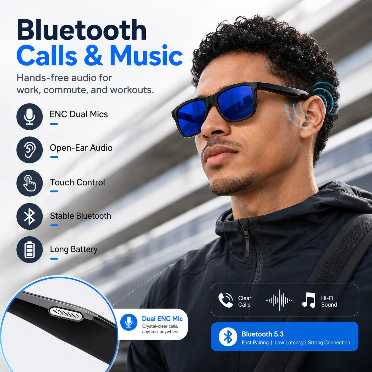 New Bluetooth Audio Smart Glasses AI Translation Auto Color Change Lens Slide Volume Dual Mic Handsfree Call Music Glasses