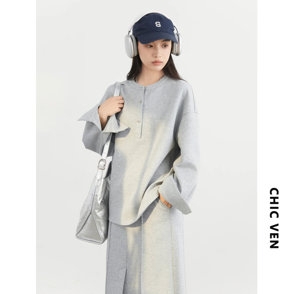 CHIC VEN Women Sweatshirts Loose Casual Solid Color Round Neck Long Sleeve Hoodies Coat Split Skirt Set Spring Summer 2025