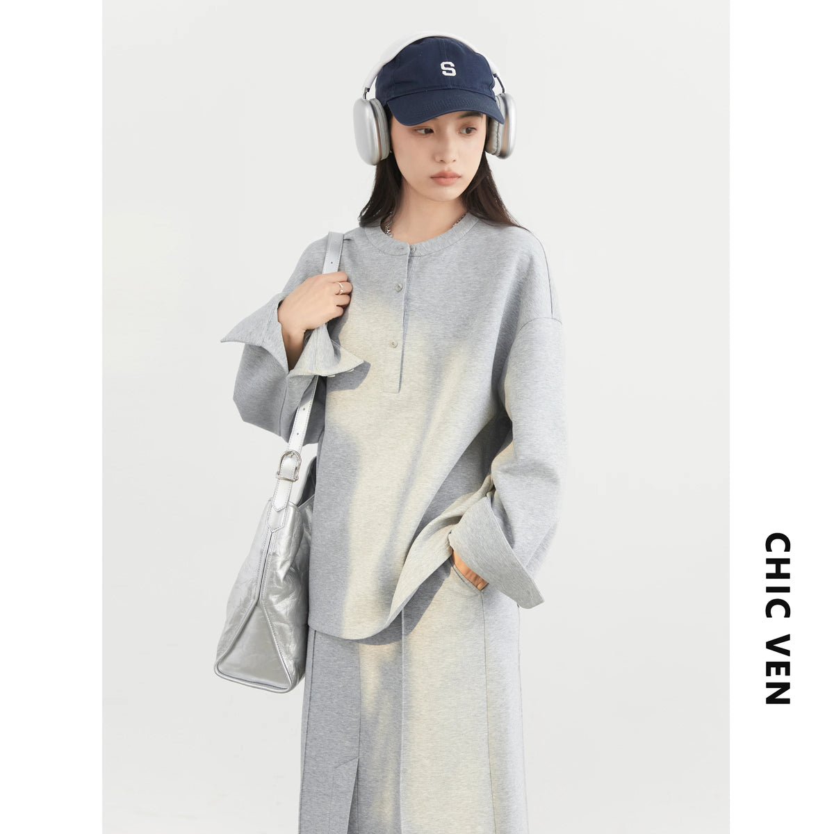 CHIC VEN Women Sweatshirts Loose Casual Solid Color Round Neck Long Sleeve Hoodies Coat Split Skirt Set Spring Summer 2025
