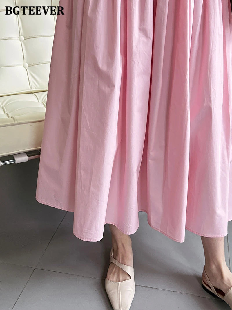 BGTEEVER Spring Summer Elastic Waist Ladies A-line Skirts Stylish Loose Women Pleated Skirts