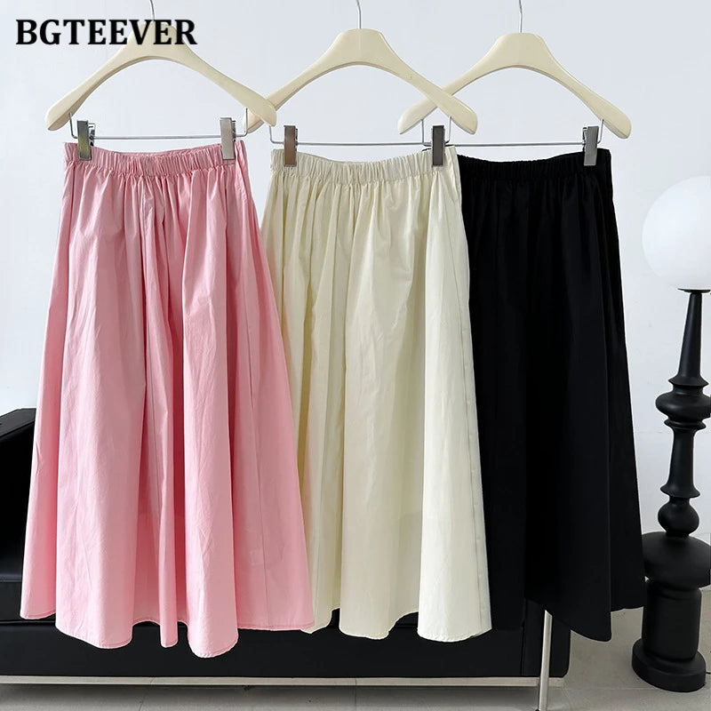 BGTEEVER Spring Summer Elastic Waist Ladies A-line Skirts Stylish Loose Women Pleated Skirts