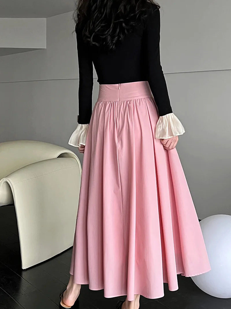 Summer New Casual Pink A-Line Pleated Skirt Women's Fashion Breathable Comfortable Materials