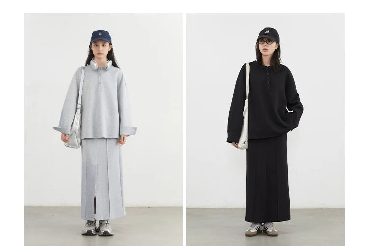 CHIC VEN Women Sweatshirts Loose Casual Solid Color Round Neck Long Sleeve Hoodies Coat Split Skirt Set Spring Summer 2025