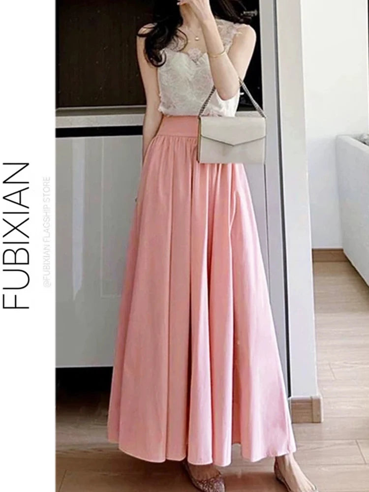 Elegant Pink High Waist Pleated  Skirt Women's Summer Slimming Gentle Waist Cinching Umbrella Skirt Long Skirt