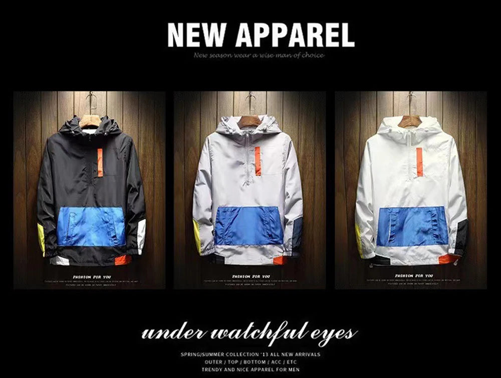 Spring Autumn Men Anorak Jackets Fashion Man Half Zip Streetwear Hip Hop Hooded Coats Men Loose Windbreaker Waterproof Jackets