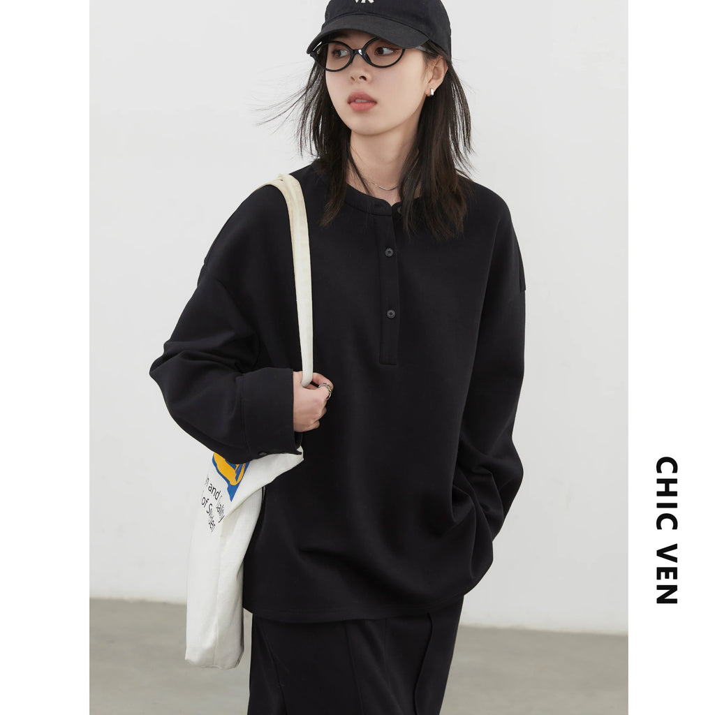 CHIC VEN Women Sweatshirts Loose Casual Solid Color Round Neck Long Sleeve Hoodies Coat Split Skirt Set Spring Summer 2025