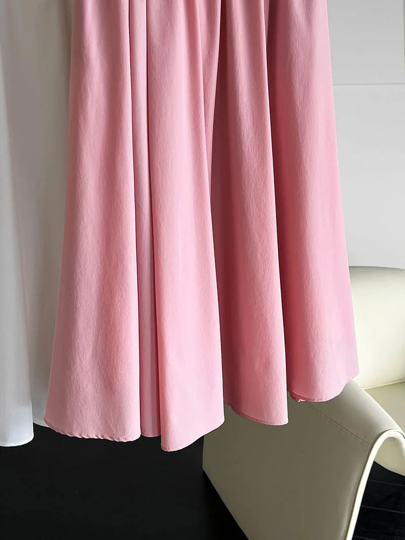 2025 Fall New French High-End Pink Midi Skirt with Large A-Line Pleats Solid Skirt