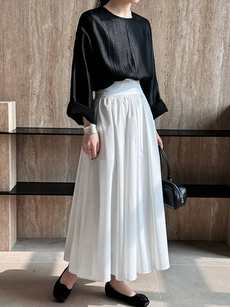 2025 Fall New French High-End Pink Midi Skirt with Large A-Line Pleats Solid Skirt