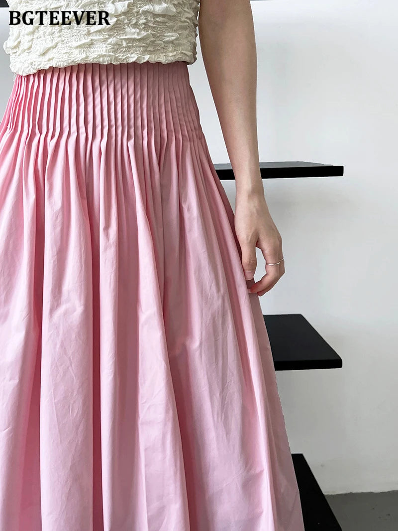 BGTEEVER Spring Summer Elastic Waist Ladies A-line Skirts Stylish Loose Women Pleated Skirts