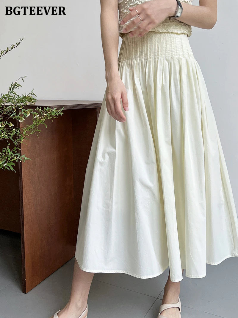 BGTEEVER Spring Summer Elastic Waist Ladies A-line Skirts Stylish Loose Women Pleated Skirts