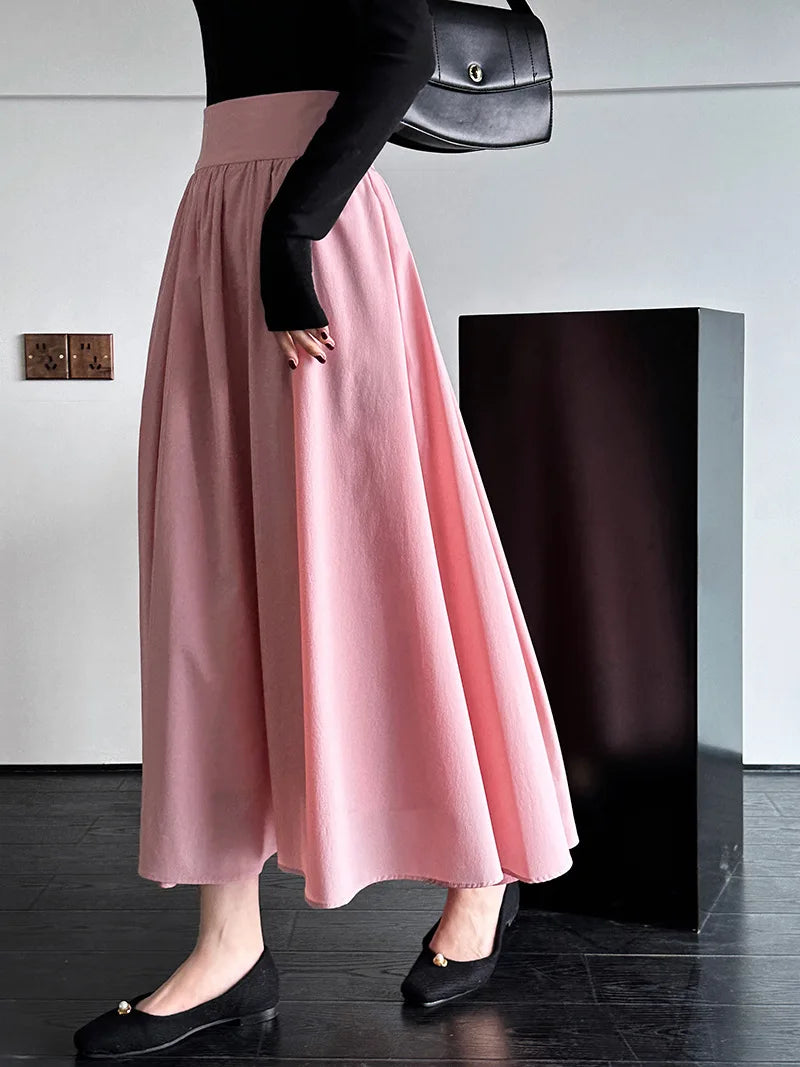 2025 Fall New French High-End Pink Midi Skirt with Large A-Line Pleats Solid Skirt