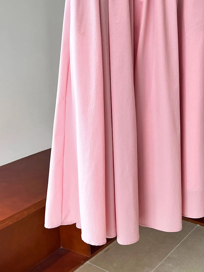 2025 Fall New French High-End Pink Midi Skirt with Large A-Line Pleats Solid Skirt