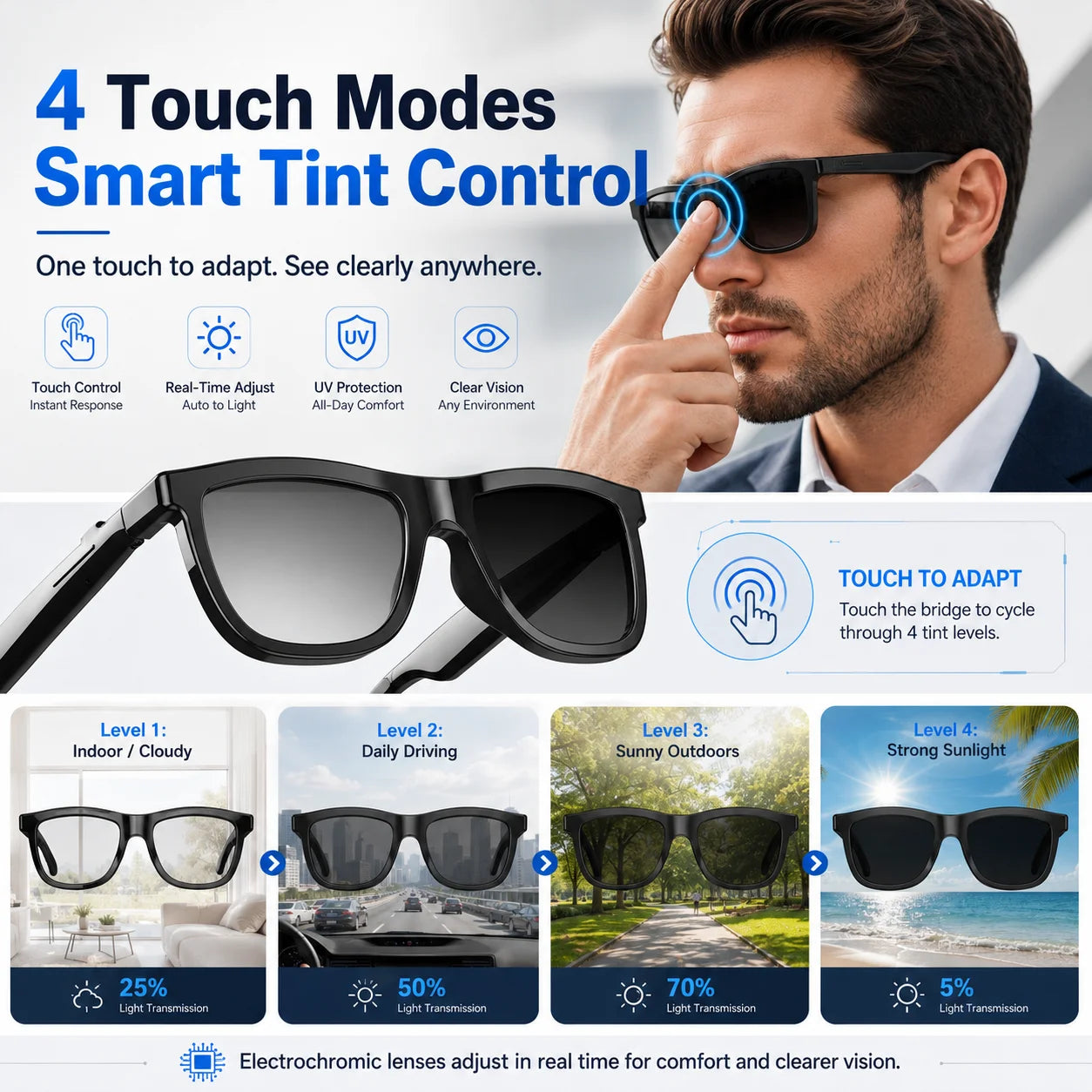 New Bluetooth Audio Smart Glasses AI Translation Auto Color Change Lens Slide Volume Dual Mic Handsfree Call Music Glasses
