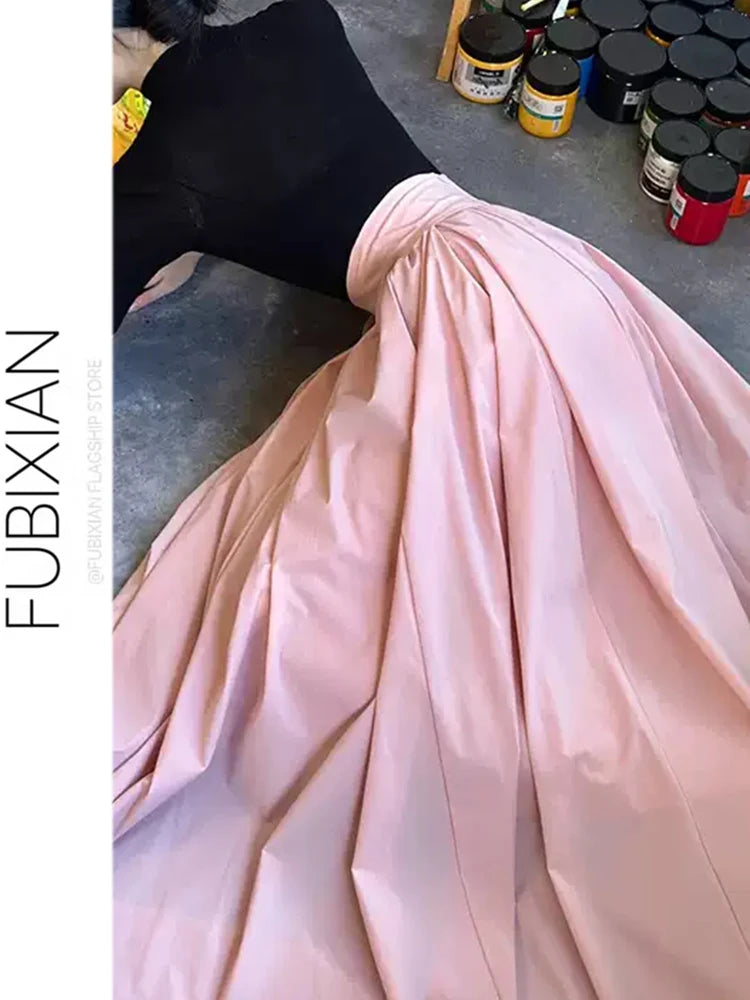 Elegant Pink High Waist Pleated  Skirt Women's Summer Slimming Gentle Waist Cinching Umbrella Skirt Long Skirt