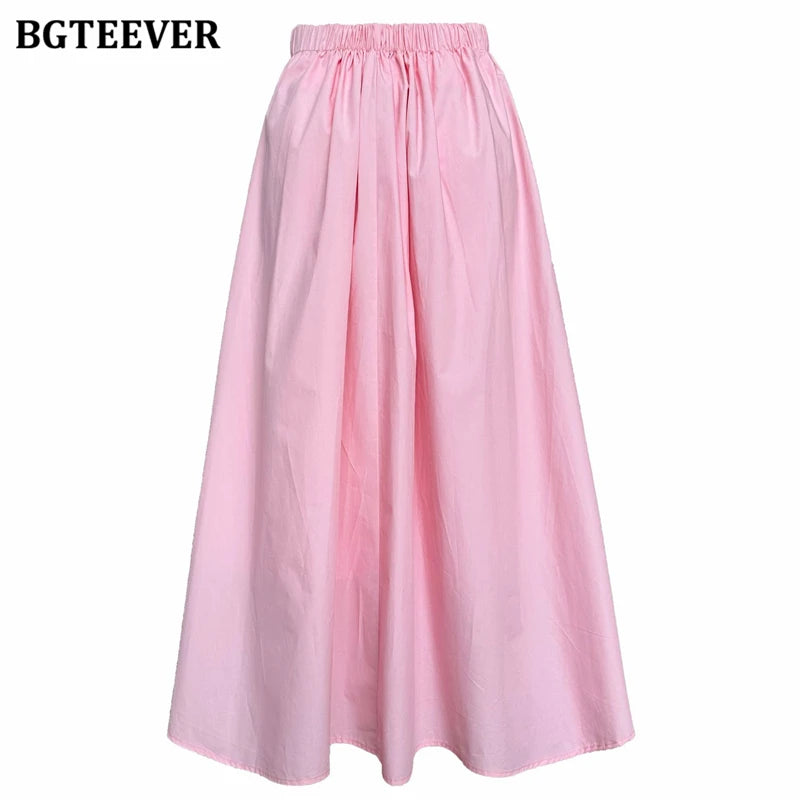 BGTEEVER Spring Summer Elastic Waist Ladies A-line Skirts Stylish Loose Women Pleated Skirts