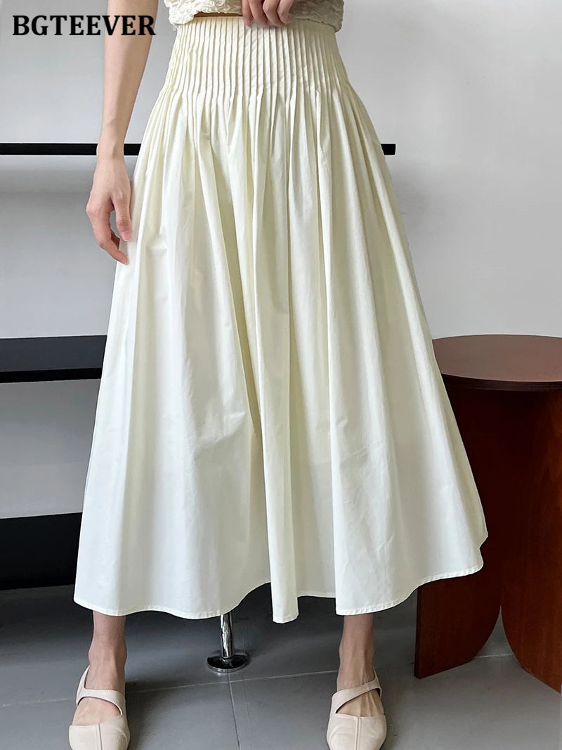 BGTEEVER Spring Summer Elastic Waist Ladies A-line Skirts Stylish Loose Women Pleated Skirts