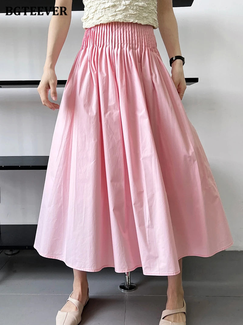 BGTEEVER Spring Summer Elastic Waist Ladies A-line Skirts Stylish Loose Women Pleated Skirts