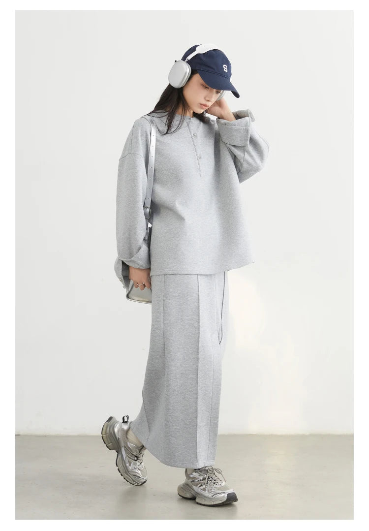 CHIC VEN Women Sweatshirts Loose Casual Solid Color Round Neck Long Sleeve Hoodies Coat Split Skirt Set Spring Summer 2025