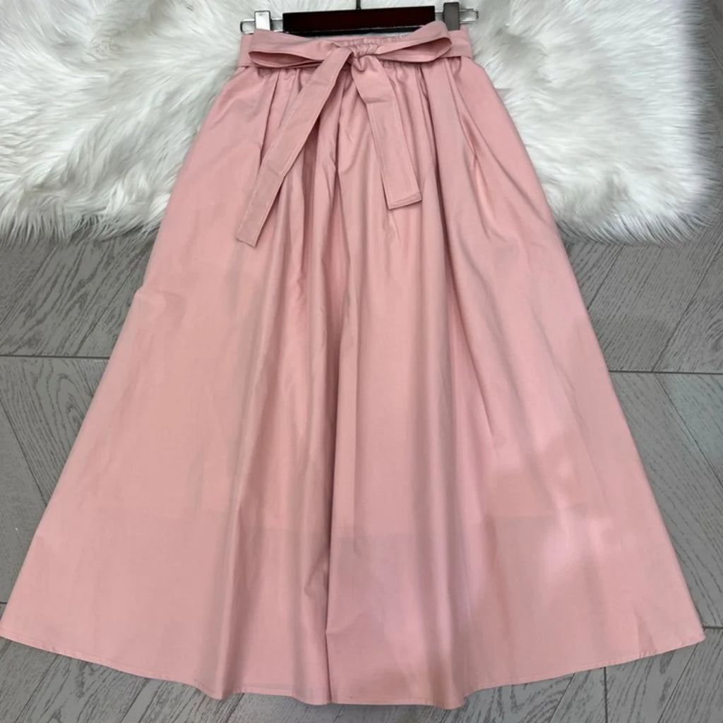 Women's Summer New Lotus Pink Belted A-Line Flared Skirt