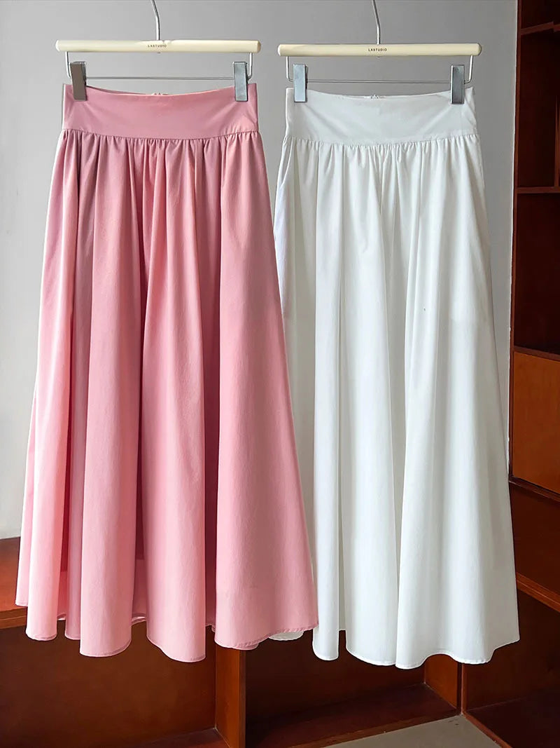 2025 Fall New French High-End Pink Midi Skirt with Large A-Line Pleats Solid Skirt