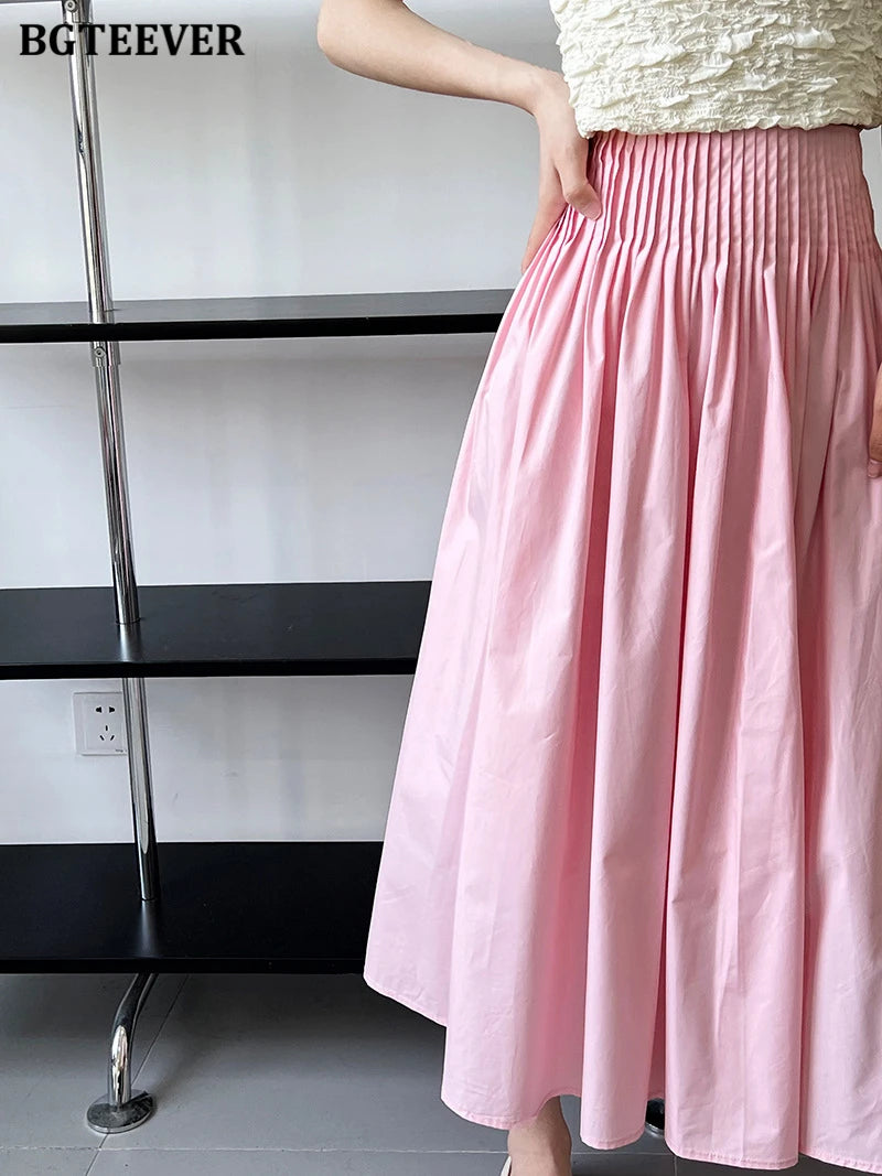 BGTEEVER Spring Summer Elastic Waist Ladies A-line Skirts Stylish Loose Women Pleated Skirts
