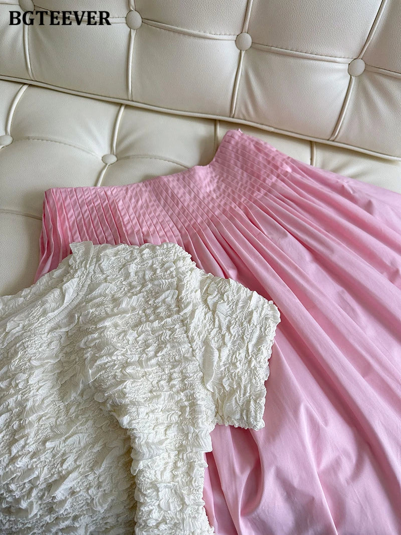BGTEEVER Spring Summer Elastic Waist Ladies A-line Skirts Stylish Loose Women Pleated Skirts