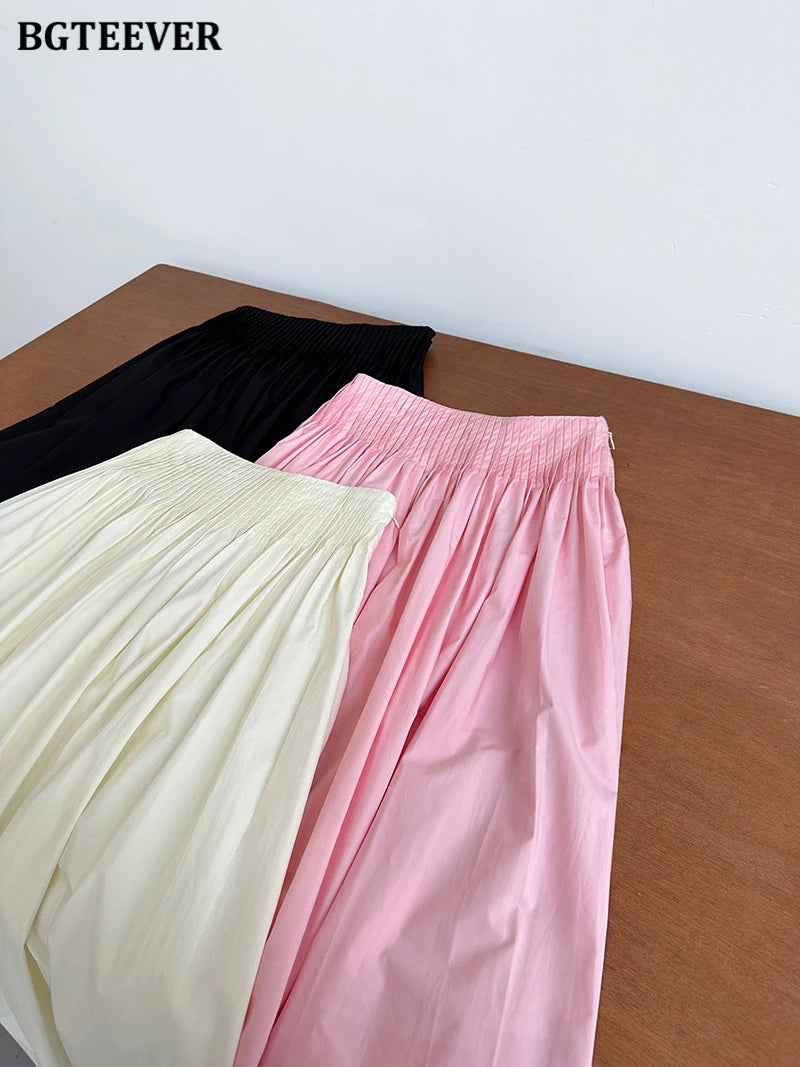 BGTEEVER Spring Summer Elastic Waist Ladies A-line Skirts Stylish Loose Women Pleated Skirts