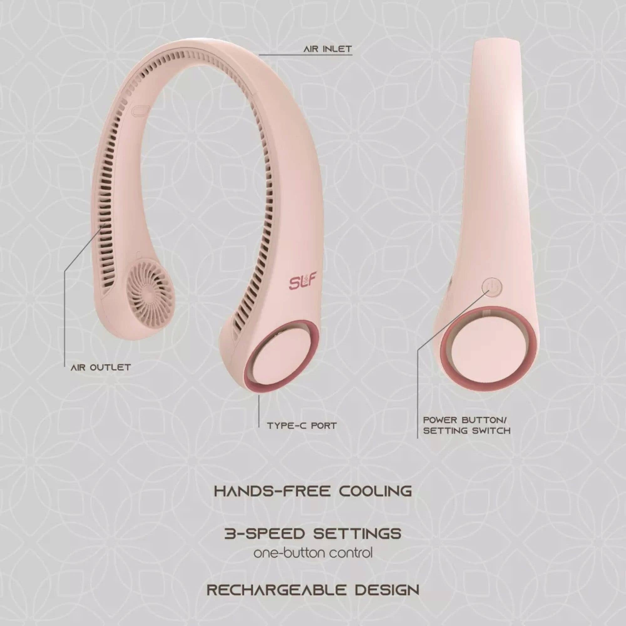 SLF Wearable Neck Fan with Built in Battery in Pink